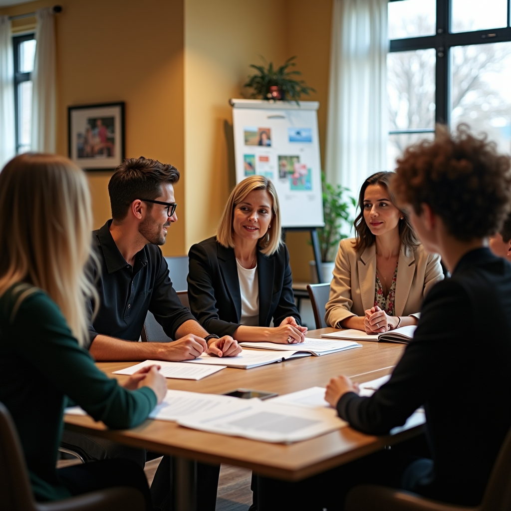 Small private foundation board members meeting with local nonprofit leaders in a community center, discussing strategic grantmaking approaches, warm lighting, professional setting with charts and documents on table