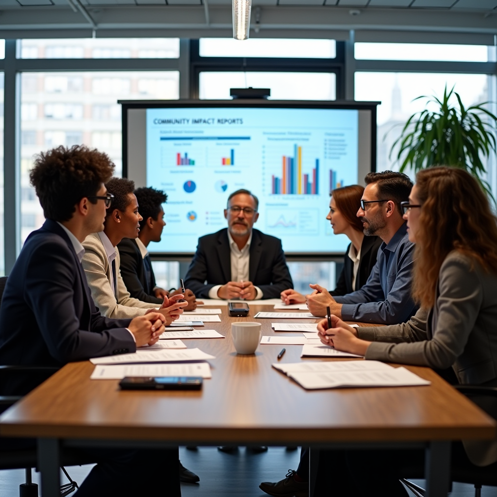 Diverse group of foundation leaders gathered around a conference table reviewing community impact reports and strategic planning documents, with charts and graphs visible on a presentation screen in the background, natural lighting from large windows, professional nonprofit office setting