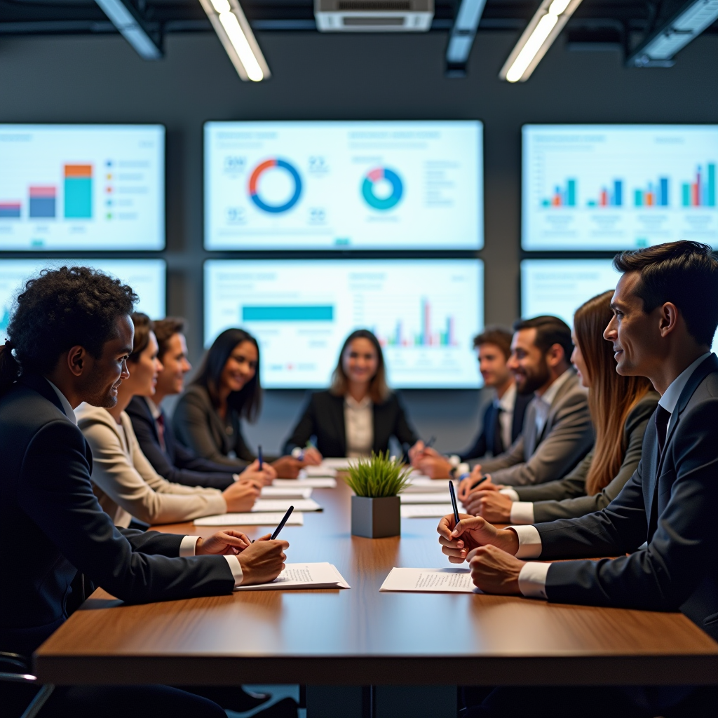 Diverse foundation board members gathered around a modern conference table reviewing strategic grantmaking documents, with charts and data visualizations displayed on screens in a bright, professional meeting room