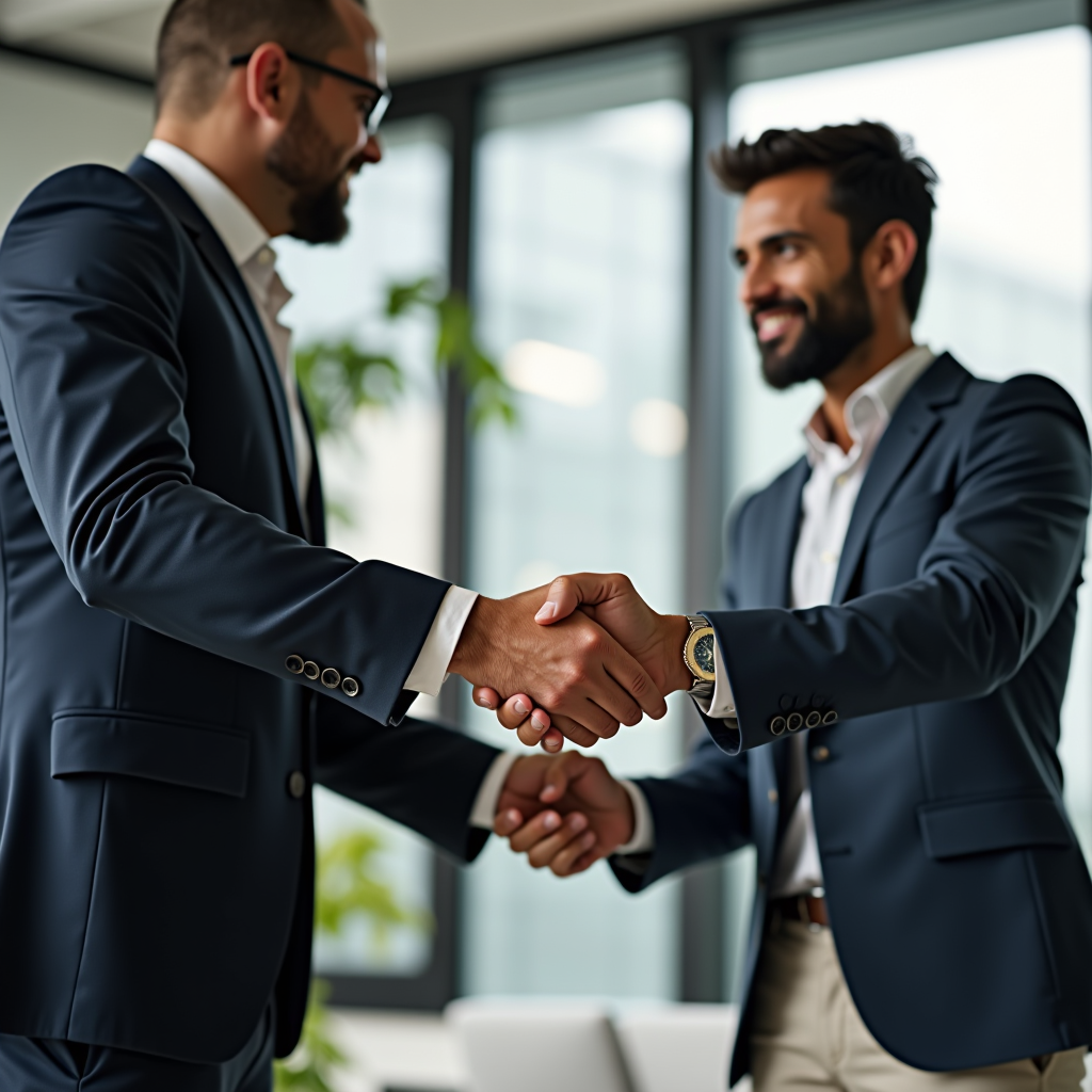 Professional handshake between foundation representative and nonprofit leader in modern office setting, symbolizing trust-based partnership and collaboration in philanthropy
