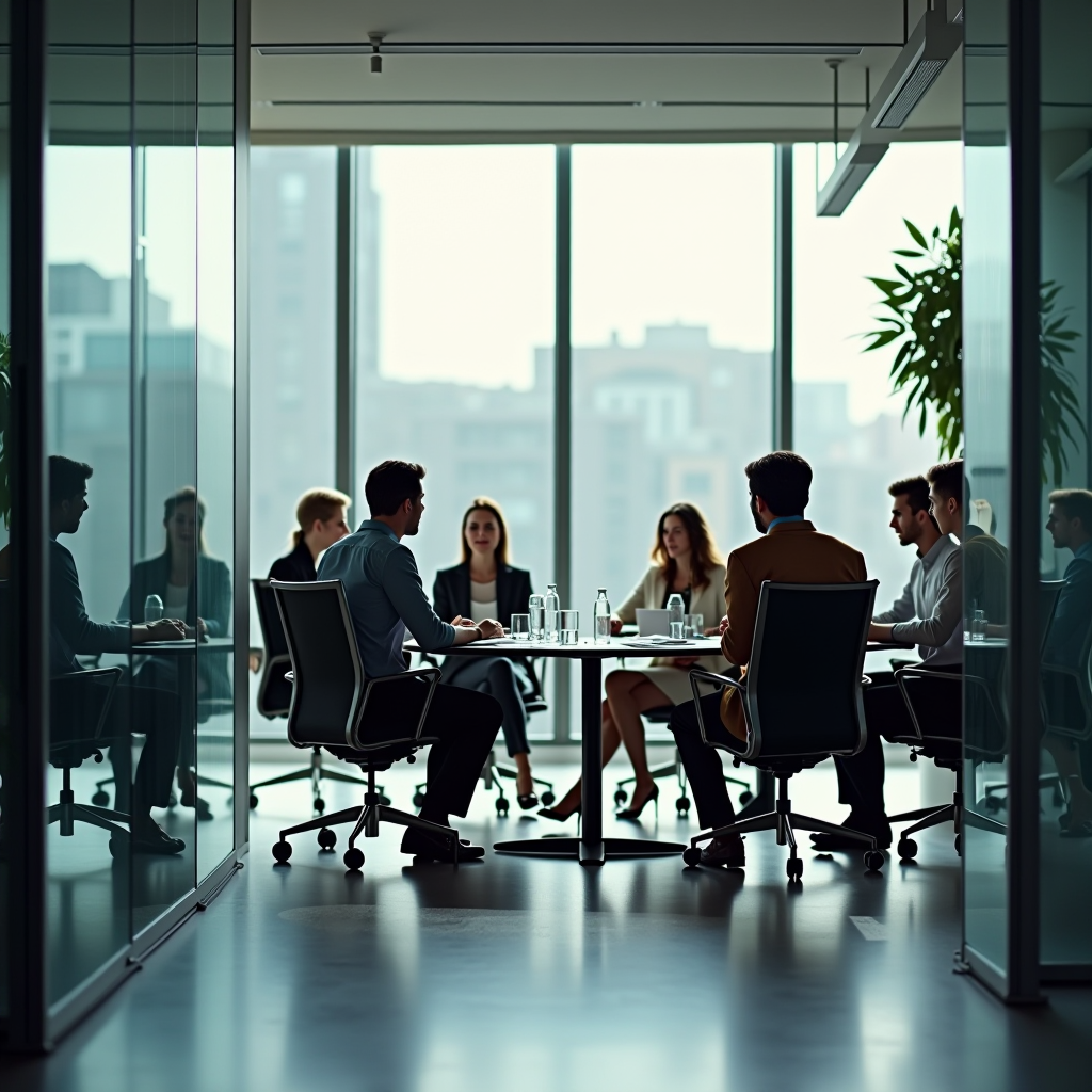 Modern foundation office with glass walls symbolizing transparency, showing diverse team members collaborating around a conference table with annual reports and grant documentation visible, natural lighting streaming through windows, professional and open atmosphere