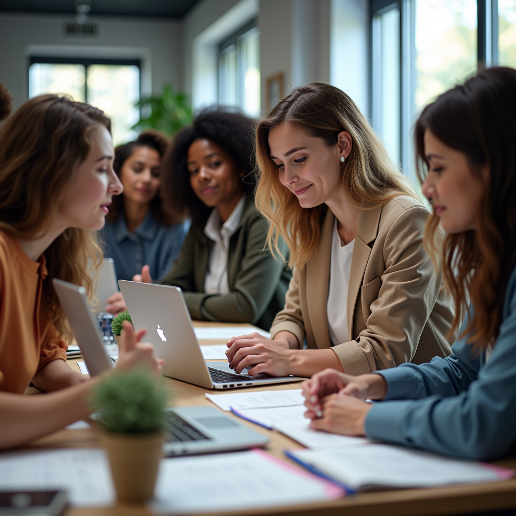Diverse group of volunteers collaborating at a community foundation event, working together at tables with laptops and documents, showing engaged teamwork and meaningful community impact