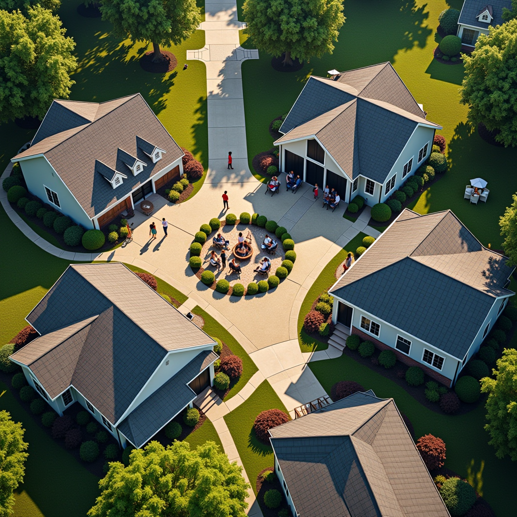 Aerial view of a vibrant local community with nonprofit organizations, community centers, and people collaborating in small groups, representing grassroots philanthropy and community engagement