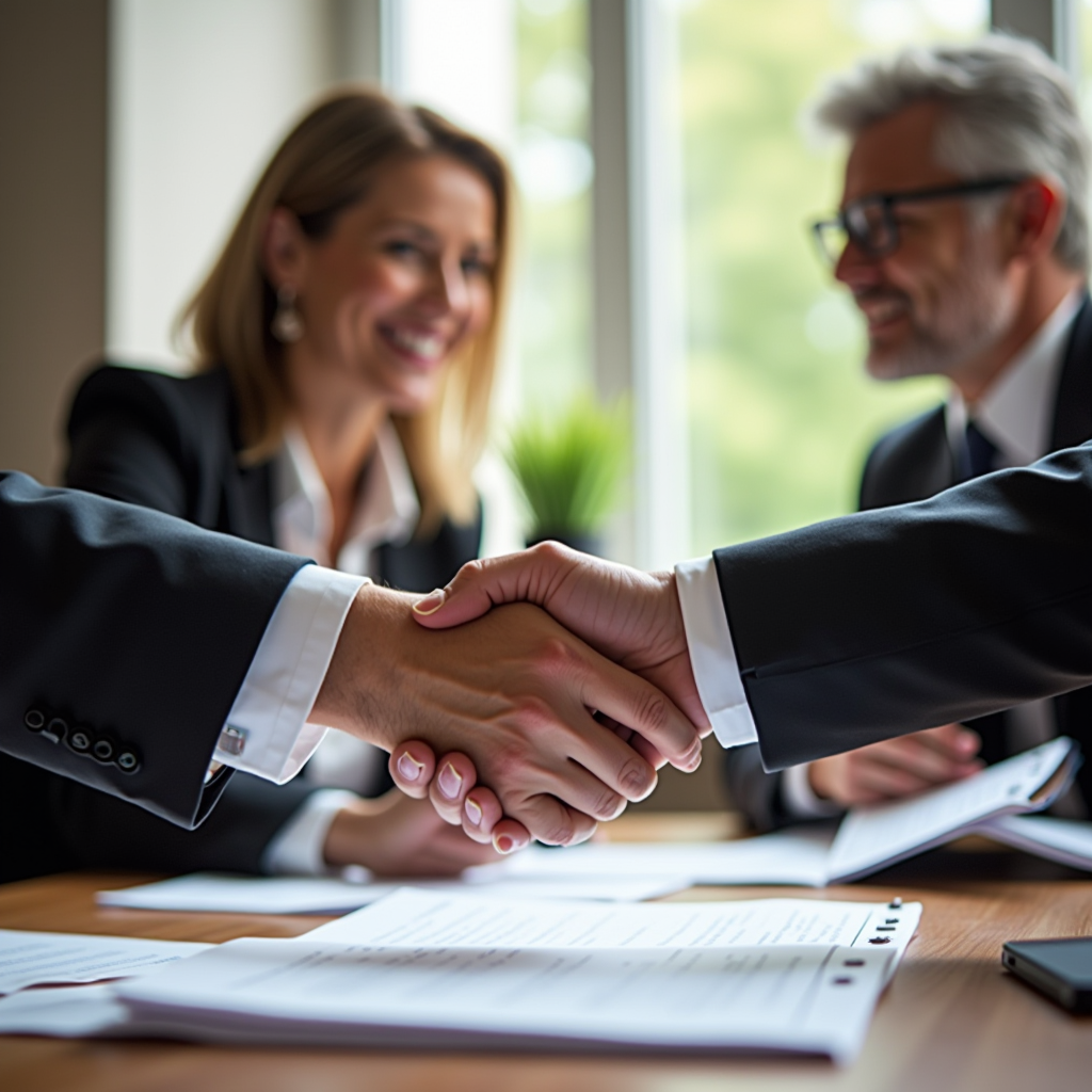 Foundation program officer and nonprofit executive director shaking hands across a desk with grant documents, symbolizing trust-based partnership, natural office lighting, professional and warm atmosphere