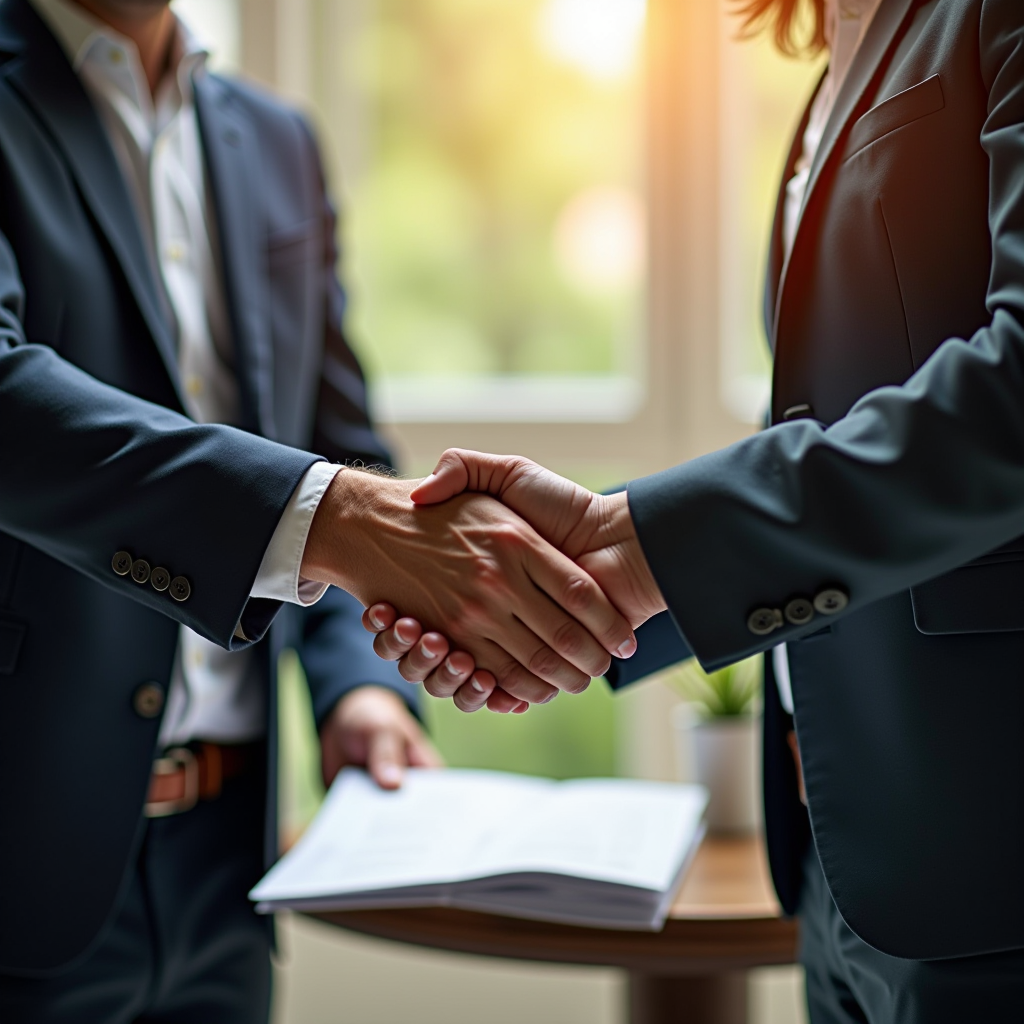 Foundation program officer and nonprofit executive director shaking hands in a warm, professional setting with documents showing multi-year funding commitment, symbolizing trust-based philanthropy and collaborative partnership between grantmakers and grantees