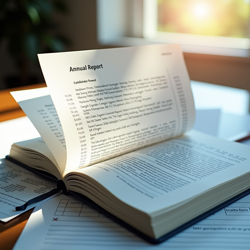 Open book with transparent pages showing foundation annual report with grant listings and financial data, surrounded by stakeholder documents, bright natural lighting, symbolizing openness and accountability