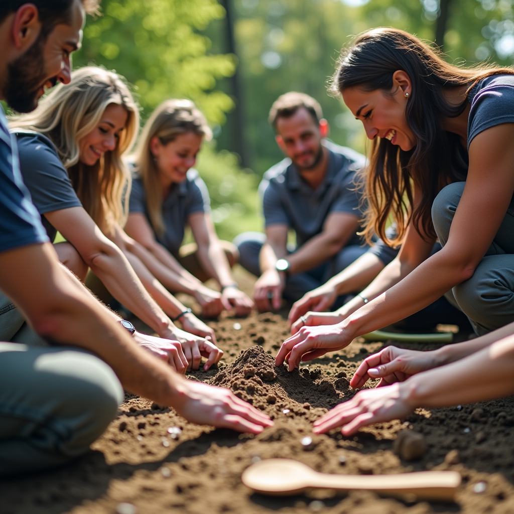 Diverse group of foundation board members and volunteers working together with nonprofit staff at a community service project, hands collaborating on meaningful work, bright outdoor setting, showing engagement and teamwork